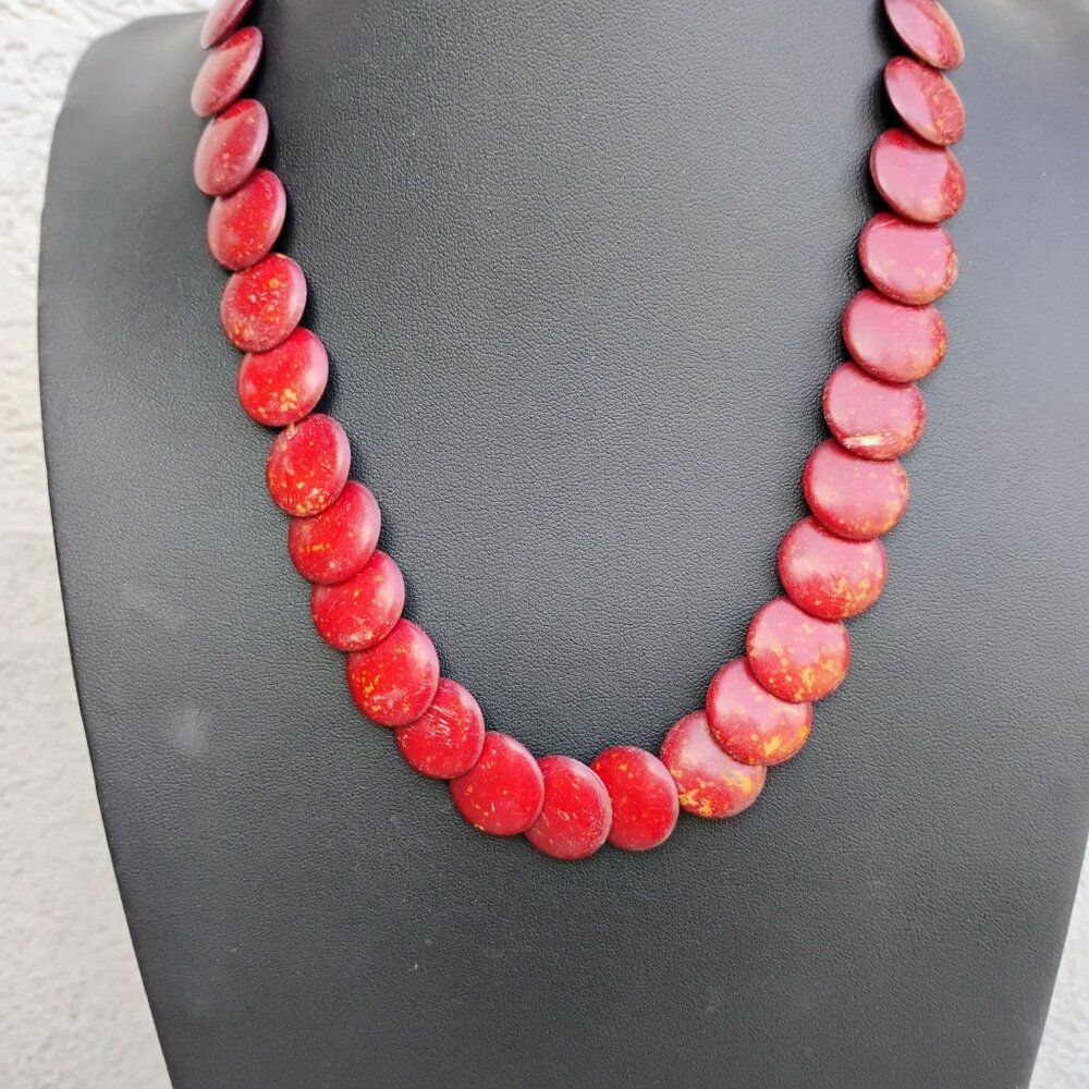 Vintage Artisan Glazed Graduated Red Disc Bead Necklace 19" Long Unique Boho - Picture 2 of 10